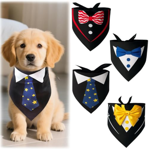 KIRZAX 4 Pièces Bandanas pour Chiens, Noeud Papillon Chien Adjustable & Smoking Chien Bandana, Foulard Chien en Coton pour Mariage Anniversaire, Collier Bandana Chien