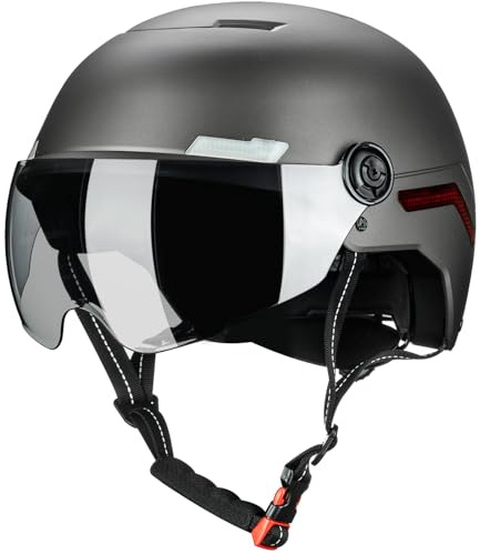 ILM Fahrradhelm Herren Damen mit Visier und LED Licht Beleuchtung Automatischem G-Sensor für Blinker Bremswarning Modell MB101L