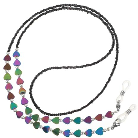 Nogeqi Beaded Glasses Chain with Anti-Slip Silicone Ear Hooks, Heart-Shaped Shungite Eyeglass Chains for Women Girls, Stylish Eyeglasses Strap Eye Glasses Holders Around Neck