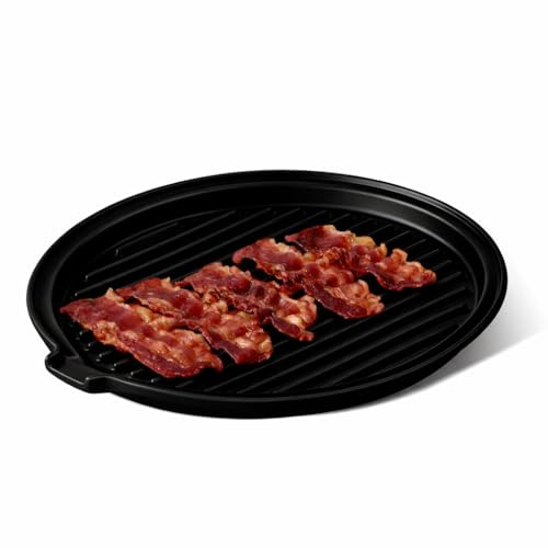 ONEMORE Microwave Bacon Tray Ceramic Bacon Cooker Meat Rack for Oven Cooking Crispy Bacon Maker - 11 inch Round Bacon Dish Plate, Black