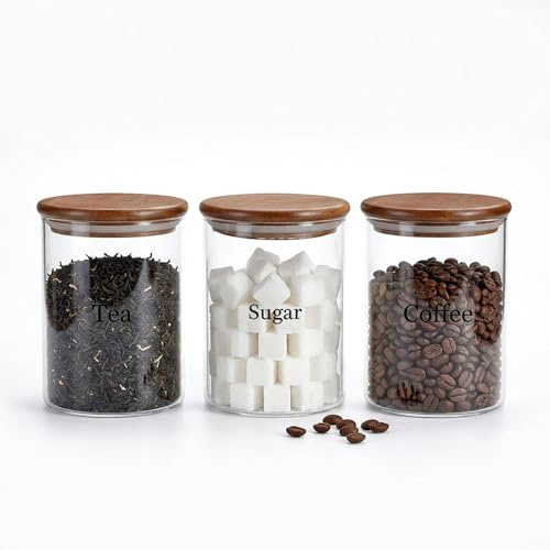 Raoletin Glass Tea Coffee Sugar Canisters Set of 3 475ml Tea Coffee Sugar Jars, Airtight Tea Caddy with Walnut Wood Lids and Name Marker, Round Kitchen Canisters for Counter & Pantry