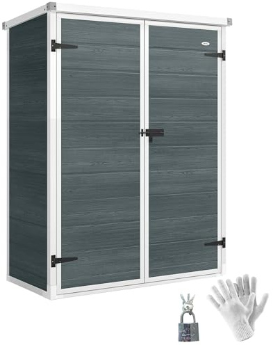 Outsunny Casetta per attrezzi da 0,8 m², con mensole pieghevoli, 134 x 68,5 x 170 cm, capanno da giardino in plastica con montaggio rapido, doppia porta, pavimento, guanti, casetta da giardino per