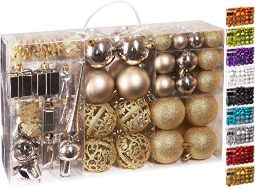 BRUBAKER 101-teiliges Set Weihnachtskugeln mit Baumspitze Champagner Christbaumschmuck