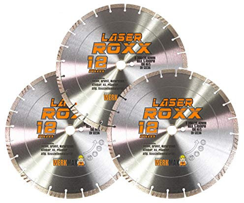 Werkmax Diamantrrennscheibe 350 x 25,4 mm. Laser Roxx. 3er-SET. Diamantscheiben 350 für Beton, Granit, Pflasterstein, Ziegel & mehr