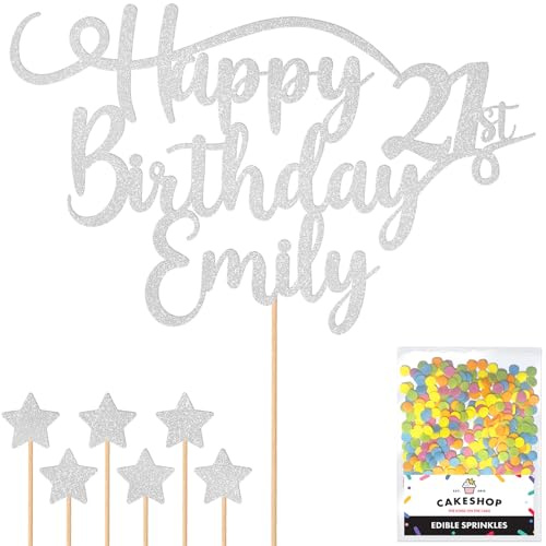 Personalised Happy Birthday Glitter Cake Topper - Light Silver Any Name & Any Age Glitter Cake Decoration and Sprinkles - Happy Birthday Decorations - Personalised Toppers for Cakes by Cakeshop