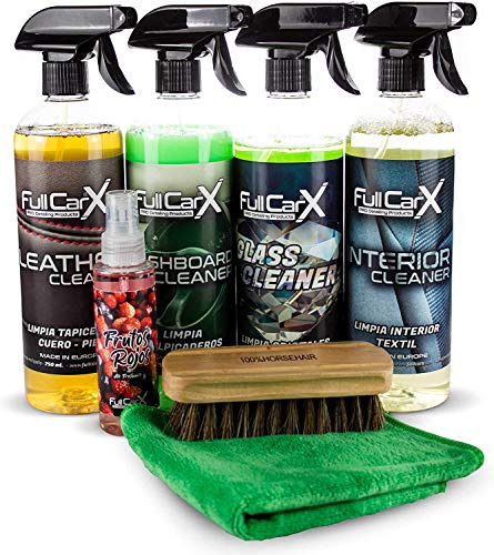 AutoFullCar – Kit Limpieza Interior Coche FullCarX + Accesorios Detailing Automóvil Completo Limpia Piel Salpicaderos Cristales Textil Microfibra Cepillo Ambientador Regalo
