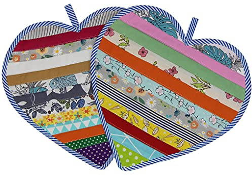 Jukway Cotton Pot Holders for Kitchen, Fabric Patchwork Table Mats Set of 2, 100% Cotton Heat Resistant Mat Pads with Pocket and Hanging Loop,Heart-shaped Potholder Teapot Mat Washable (11 x 11 Inch)