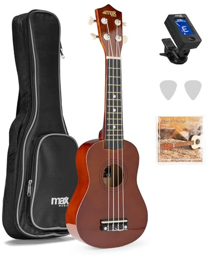 Max UKEY - Pack ukulélé et Accessoires - Marron, Cordes en Nylon, avec un Accordeur Numérique, 2 Médiators, des Cordes de Rechange et un Sac de Transport, Taille 53,2cm