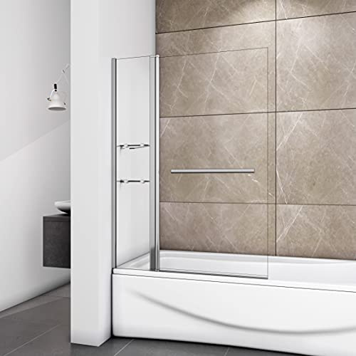 Acezanble pare-baignoire 100x140cm avec les étagères, porte-serviette, écran de baignoire pivotant, 6 verre trempé sécurit