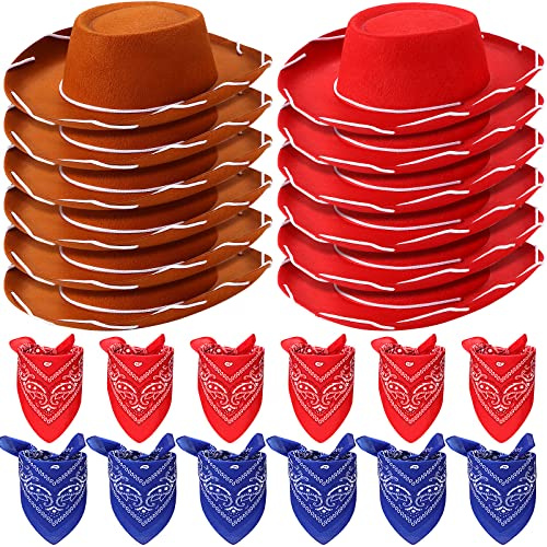 24 Pieces Cowboy Hats and Bandanas for Kids Western Cowboy Costume Hat Accessories for Toddler Child Western Theme Birthday Party Supplies Halloween Costume Dress(Brown, Red)