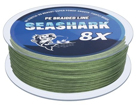Seashark - Lenza da pesca intrecciata, colore che non sbiadisce, 8 fili, super resistente, lenza da pesca in PE (Verde Militare Scuro, 15LB 0,16mm-100m/109Iarde)