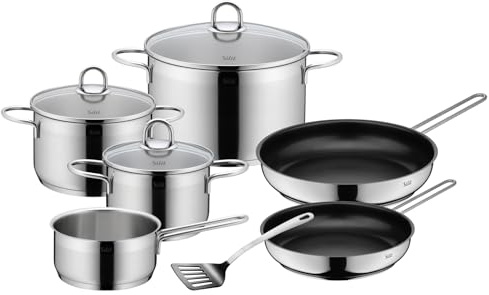 SILIT Diamant Topfset Induktion 7-teilig, Kochtopf Set mit Glasdeckel, Pfanne mit Wender, Edelstahl poliert, Induktions Töpfe Set unbeschichtet, für alle Herdarten geeignet, ohne Innenskalierung