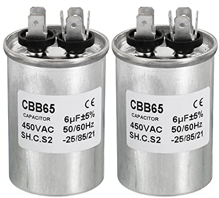 PATIKIL 2 Stück CBB65 Kondensator, 6µF 450V Anlaufkondensator Motorkondensator Aluminiumgehäuse Arbeitskondensator mit 2 Stifte für Klimagerät Waschmaschine Kühlung Wärmepumpe Verflüssiger