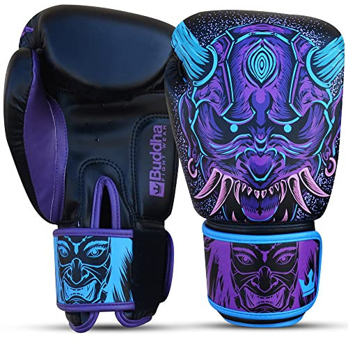 BUDDHA FIGHT WEAR – Fantasy Luzbel Boxhandschuhe – Muay Thai – Kickboxen – hochwertiges Kunstleder – geruchshemmender Innenstoff – verstärkte Nähte – Blaue Farben – Größe 14 Oz