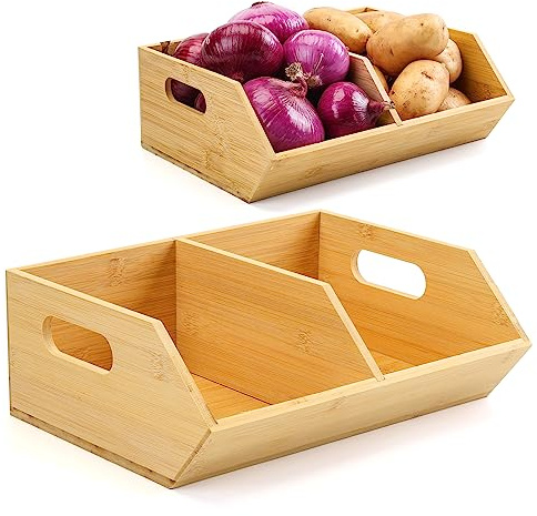 BYOA Official 2PCS Stackable Pantry Organization, Bamboo Onion & Potato Storage Bin, Wooden Bread Basket