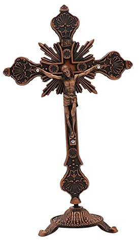 MagiDeal Stehendes Kruzifix, Tischkreuz, Metall, klein, 25,4 cm, Jesus am Kreuz, Statue, Kruzifix mit Ständer, Jesus-Kruzifix für Kapelle, Schreibtisch, Regal, Antik Rot