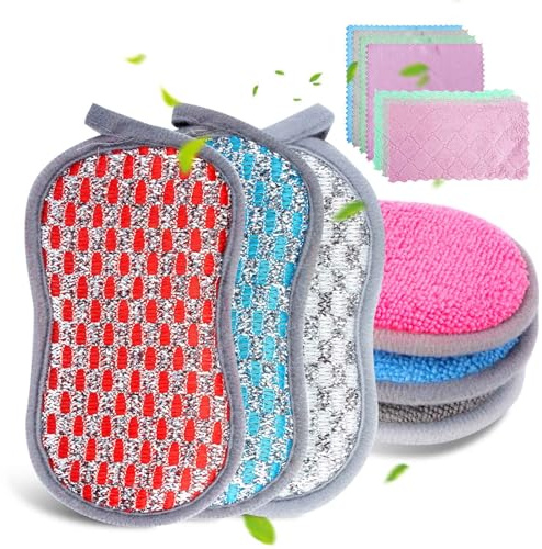 SSKHE 6PCS Cleaning Sponges 4PCS Fish Scale Cleaning Cloths 3PCS Cleaning Cloths, Double-Sided Washing Up Sponges, Scratch Free Water Absorbing and Stain Free Dishwashing Cloths Kitchen Bathroom
