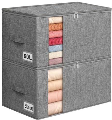 boailydi 60L Blanket/Comforter Storage Bag w/Rigid Side & Bottom Support, Stackable Clothes Storage Bin for Sweaters Bedding Sets Quilts Pillows, Closet Organizer, 21.7x14.2x11.8in, 2 Pack, Gray