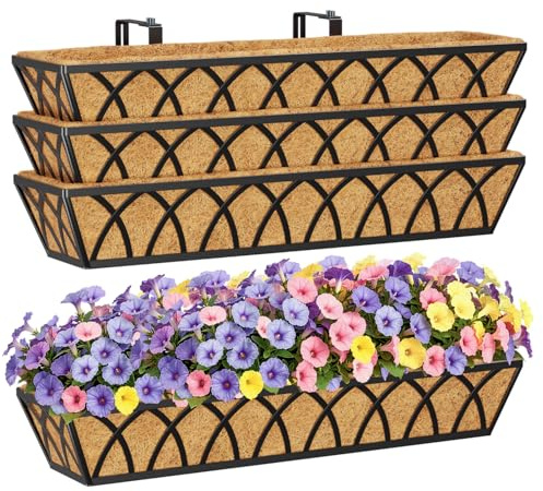 HFHOME 4Pcs 76.2cm/30in Wall Trough Rail Planters, Large Hanging Flower Baskets with Coco Liner and Adjustable Brackets, Metal Railing Planter Box for Window Box Porch Balcony Fences