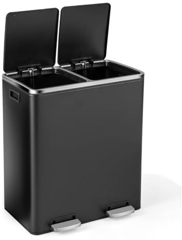 GiantexUK 60L Double Rubbish Bin, 2x30L Stainless Steel Recycling Kitchen Pedal Bin with Removable Buckets & Soft Close Lids, Dual Compartment Step on Waste Can (Black) | Stainless Steel Recycling Kitchen Pedal Bin with Removable Buckets & Soft Close Lids, Dual Compartment Step on Waste Can