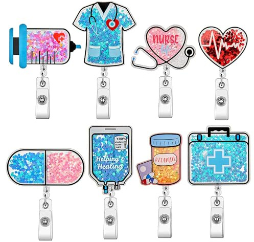 8 Stück Glitter Krankenschwester Badge Reel mit Clip, Einziehbarer Acryl Niedlicher Krankenschwester Ausweishalter Namensschildhalter für Büro Apotheke Krankenschwestern Ärzte