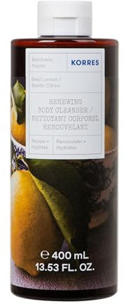 KORRES BASIL LEMON Gel doccia rivitalizzante, dermatologicamente testato, con aloe vera attiva, profumo agrumato di basilico e limone, senza siliconi e parabeni, in formato XL da 400 ml, vegan