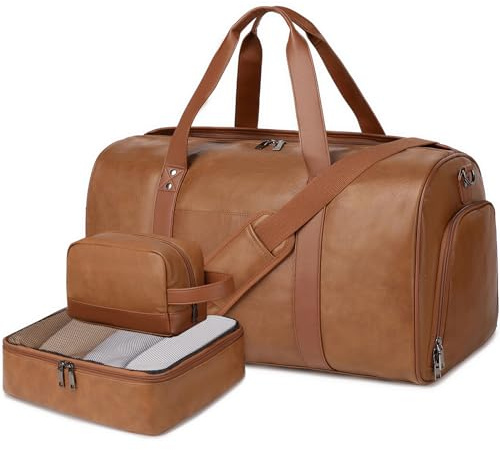 Wogarl 3PCS Weekender Bag for Women Men: Faux Leather Large Overnight Travel Carry On Duffel with Shoe Compartment Toiletry Packing Cube Fit 21 Laptop (Light Brown)