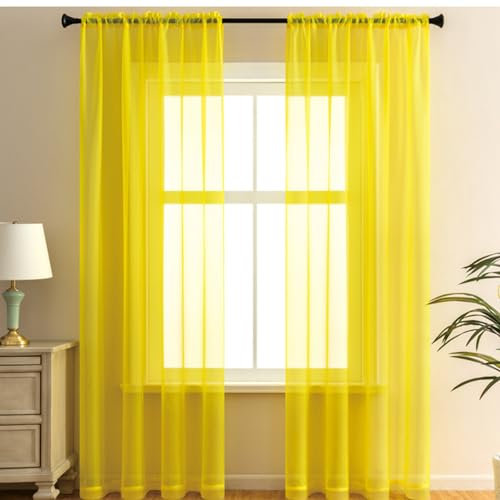 2er Set Transparent Vorhang Gardinen Wohnzimmer,Halbtransparent Vorhänge für Wohnzimmer, Moderne Gardine Voile Vorhangschals Ösenvorhang Dekoschal für Fenster Schlafzimmer Balkontür140x180cm Gelb