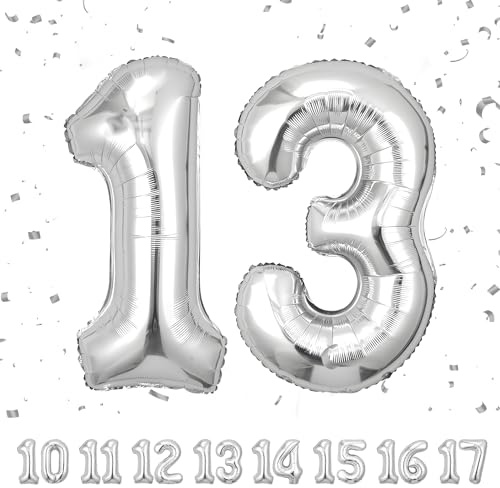 Zahlen luftballon 13 jahre | Sliber Folienballon-4013 Geburtstagsdeko -13 Ballon Zahl Deko zum Geburtstag fliegt mit Helium 13.Geburtstag für Männer Frauen 13.Geburtstagsparty Jubiläum