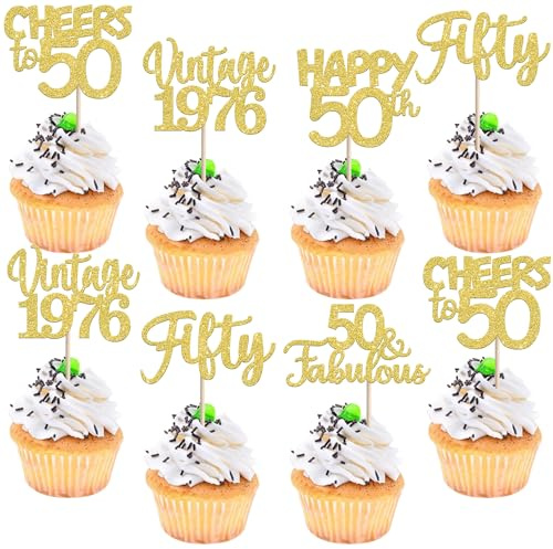 SYKYCTCY 30 Pack Happy 50th Birthday Cupcake Toppers Glitter Fifty Vintage 1976 Cupcake Picks Cheers to 50 Fabulous Cake Decorations for 50th Birthday Wedding Anniversary Party Supplies Gold