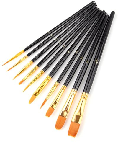 BAVALIN 10 Pezzi Pennelli Per Dipingere - Pennelli Pittura in Nylon Art Pennelli Professionali per Vernici Acriliche, Acquerelli, Oli e Pittura Viso per Artisti e Principianti (Nero)