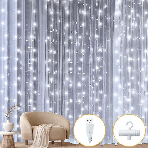 FIYSON LED Lichtervorhang, 200 LEDs, USB Vorhang Lichterkette mit 10 Haken, 10 Helligkeit, 8 Modi Fernbedienung, IP65 Wasserfest, für Weihnachten Hochzeit Party Fenster Wand Balkon Deko (Weiß, 3x2 m)