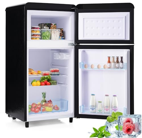 Merax Retro-Kühlschrank Mit Gefrierfach, 72L Mit 21 Liter Gefriervolumen, Klein Mit Gemüsefach, 120 kWh/Jahr, LED-Licht, Schwarz