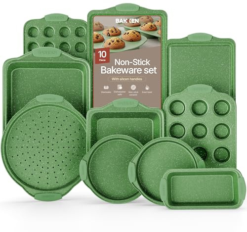 BAKKEN Kitchen Baking Pan Set - Nonstick Green Marble Coating, Carbon Steel Bakeware Sets with Green Silicone Handles, Kitchen Essentials, PFOA, PFOS, PTFE Free, Oven Safe (Up To 450° F), Set of 10