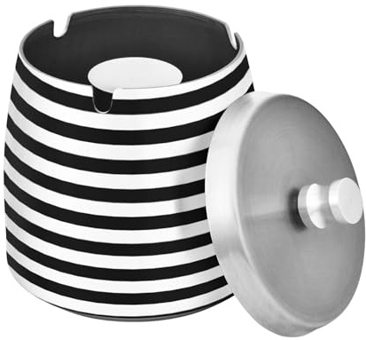 Ewusp Cenicero de rayas blancas y negras para interiores y exteriores, resistente al viento, a prueba de olores, cenicero de acero inoxidable con tapa, cenicero de escritorio para fumar, cenicero de