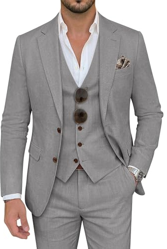 Men's 3 Piece Linen Suits Slim Fit Business Casual Suit for Men Formal Wedding Suits Light Grey Linen Blazer Vest Pants Set M