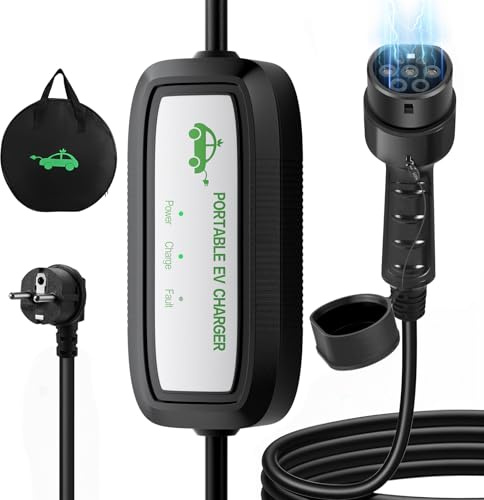 Evjuicion Chargeur Voiture Electrique 16A 3,68kW 10 Mètres Cable de Recharge Voiture Électrique avec Voyant LED, Bleu Portabilité Domestique EV Chargeur Type 2 avec Sac Rangement IEC 62196 (Blanc)