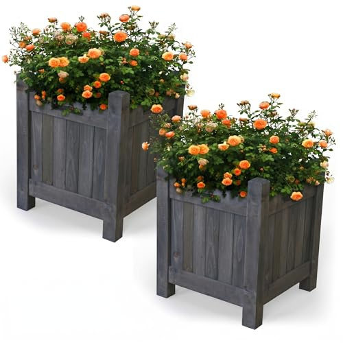 Vivo Technologies Set of 2 Square Wooden Planters Outdoor Garden Planter Box Planting Raise Bed Plants Flowers Plant Pot Natural Long Wood Pot,30x30x38 cm, Grey