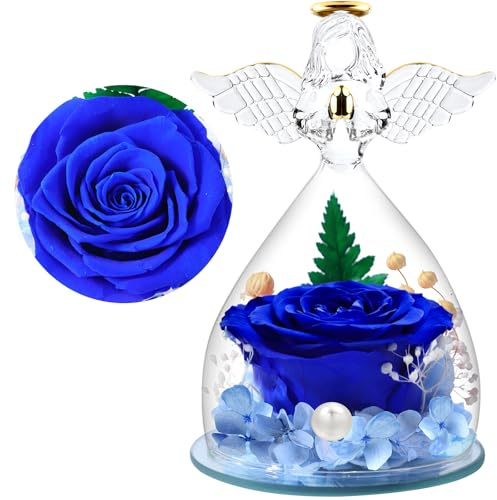 FRFG Ewige Rose Engel Geschenke für Mama, Ewige Rose im Glas Engel Figur Geschenke für Frauen Muttertag, Engel mit Rose Geburtstagsgeschenk für Frauen, Muttertagsgeschenk (Blau)