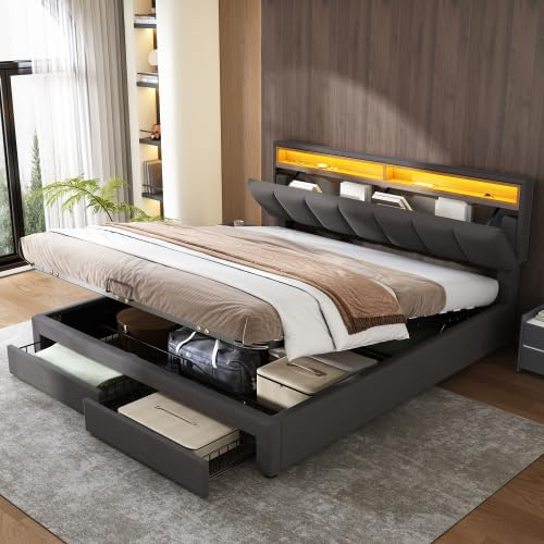 5ft King Size Ottoman Bed with Hydraulic Lift&Drawers&Adjustable Concealed Storage Headboard, Functional Upholstered Bed Frame with LED Lighting, Linen Hydraulic Storage Bed with Slat,No Mattress,Grey