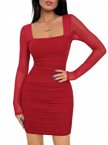 Cicy Bell Festklänning dam fyrkantig hals bodycon mini mesh klänning långärmad klubbklänning sexig cocktailklänning smal passform kort klänning, Bourgogne, XL
