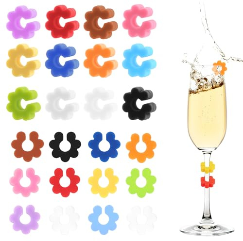 Neerow 24 Stück Glasmarkierer Silikon, Glas Markierung Trinkgläser, Gläser Markieren, Wiederverwendbare Getränke Markierer für Weinglas Tassen Trinkglas