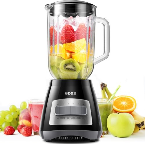 GDOR Blender for Kitchen, 700W Peak Power Smoothie Blender with 1.5L Glass Jug, 6-Leaf Stainless Steel Blades,5 Speed Control for Milkshake,Smoothie,Juice and Ice Drink,Black