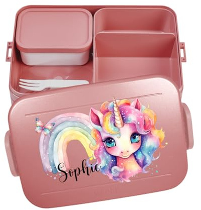 Mepal Bento Lunch Box Take a Break Personalizzato, Contenitore per il pranzo con scomparti, contenitore per il pranzo con nome, set con stampa colorata unicorno, arcobaleno, grande, rosso