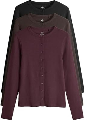 THE SET Femme T-Shirt côtelé boutonné à Manches Longues, Lot de 3 Black/Chocolate Brown/Berry L