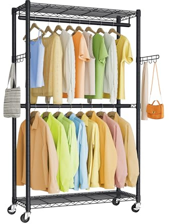 SONGMICS Rolling Portable Wardrobe, Heavy-Duty Metal Clothes Rack on Wheels, with Adjustable Shelves and Hanging Rails, Hooks, 40 x 90 x 199 cm, Ink Black LGR416BH01