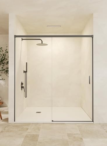 Mice - Mampara de Baño Frontal / 1 Panel Fijo + 1 Puerta Corredera/Mampara de bañera/Cerramiento de ducha/Mampara corredera con perfilería de aluminio color Black Gun Metal/Medida 140 x 195 cm