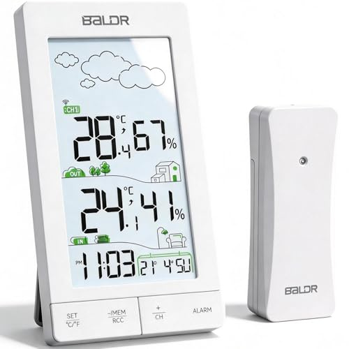 Konsen Wetterstation Funk mit Außensensor – 5 Display mit Hintergrundbeleuchtung, DCF Funkuhr, Innen- & Außentemperatur, Luftfeuchtigkeit, Wettervorhersage, einfache Bedienung durch vordere Tasten