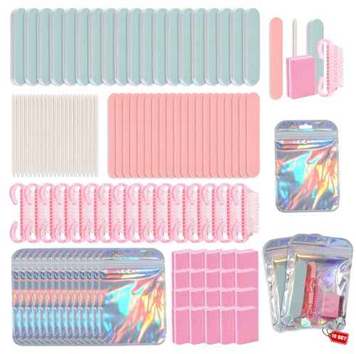 Juego de herramientas profesionales desechables para el cuidado de uñas, 18 piezas, incluye lima de uñas, pulidor, bloque de pulidor, cepillo para cutículas, palillos de madera y bolsa de embalaje