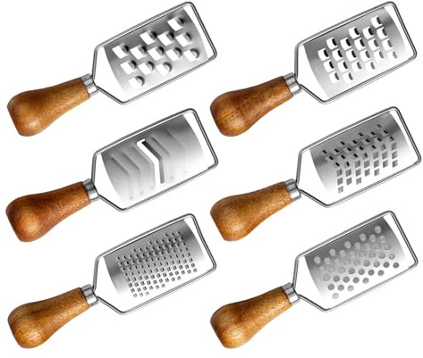 DECOMELODY Râpe à Fromage Mini en Acier Inoxydable 6 Pièces avec Manche en Bois Naturel Multifonction pour Légumes Fromage Zesteur Fin Portable Cuisine et Voyage